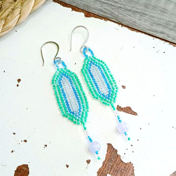 Aquamarine Gemstone Beaded Bracelet & Earring Set, Seed Bead Jewelry - Picture 2 of 7